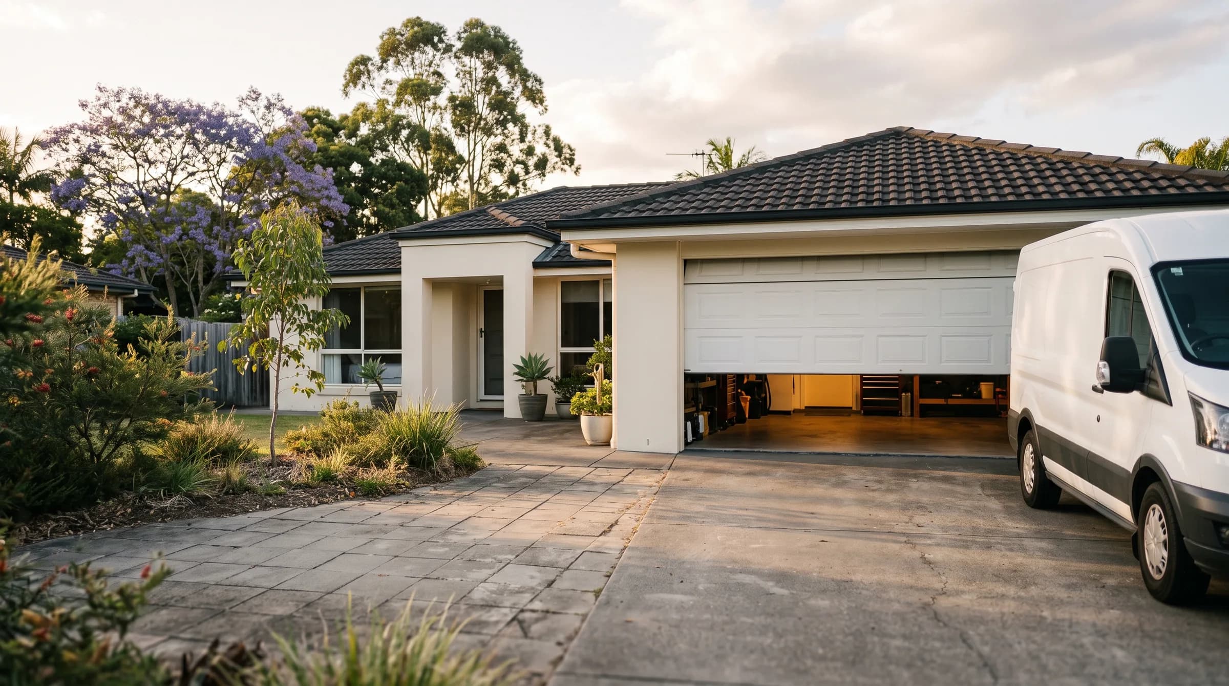 A Brisbane northside home at late afternoon with its sectional garage door part-way open and a plain white van in the driveway