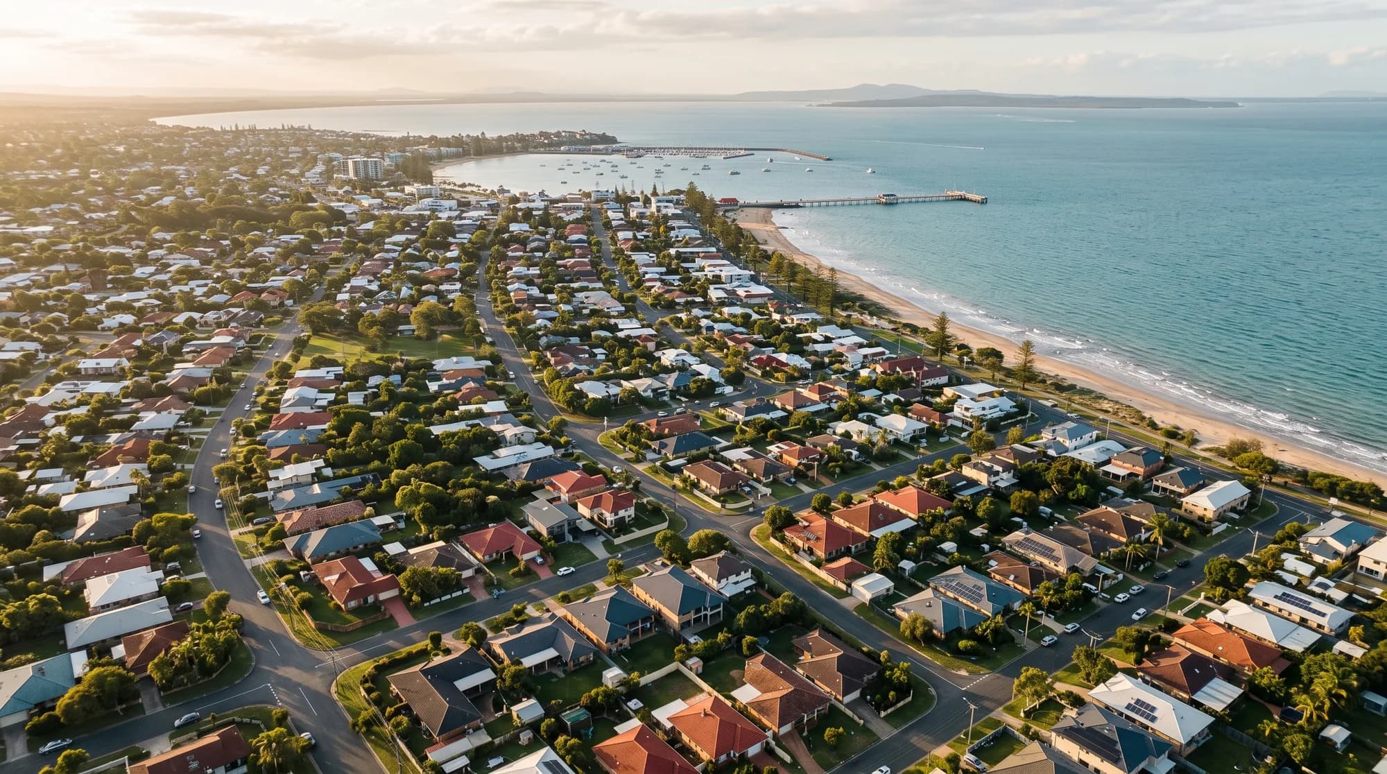 Aerial view of Redcliffe Peninsula rooftops and Moreton Bay at late afternoon